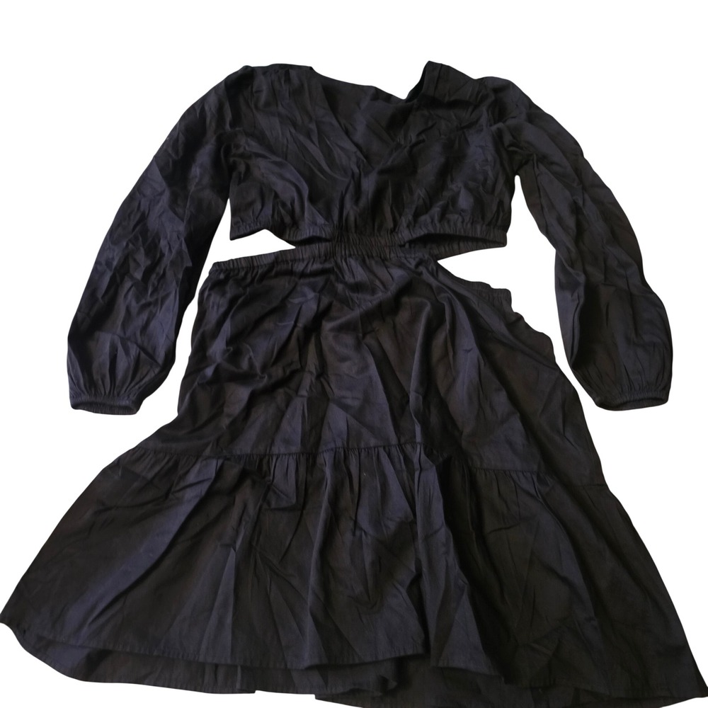 The Drop Black Cutout Long Sleeve Tiered Mini Dress Womens XL Surplice V-Neck